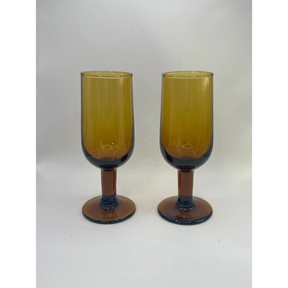 Unbranded Other - A Pair Of Shot Glasses Cordial Champagne Flute Amber Stemmed Glasses